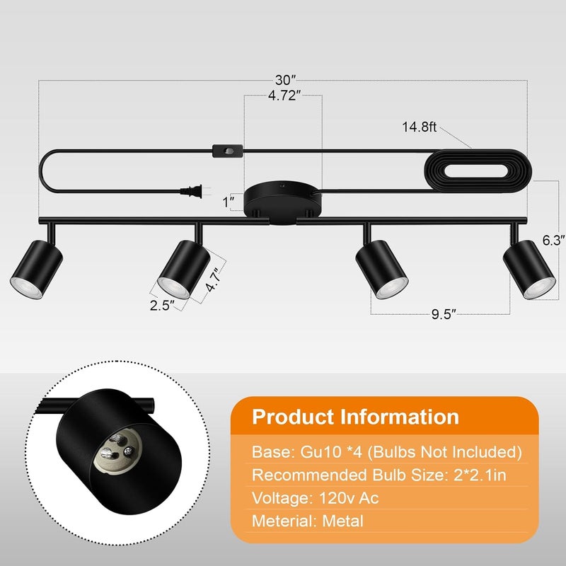 AUQUEE Plug in Track Lighting, LED Track Lighting Fixtures Ceiling, Black 4-Light Kitchen Light Kit, Plug in Wall Light with 14.8ft Power Cord, Rotatable Ceiling Spotlight for Bedroom(GU10 Socket, NO Bulb) - Image 5